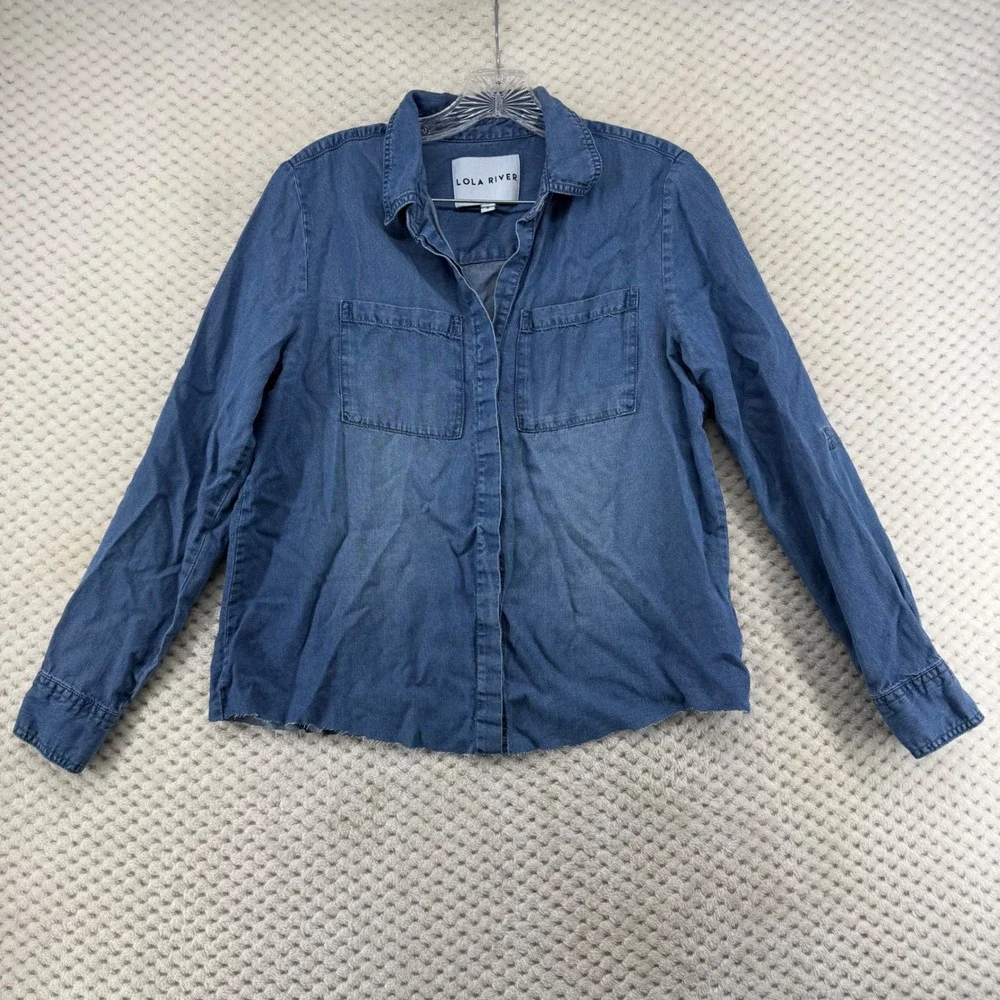 Lola River Button Down Shirt Womens Small Blue Tencel Frayed Hem Roll Tab Sleeve - Picture 2 of 8